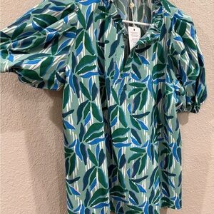 Leaf Print Green and Blue Women's Top